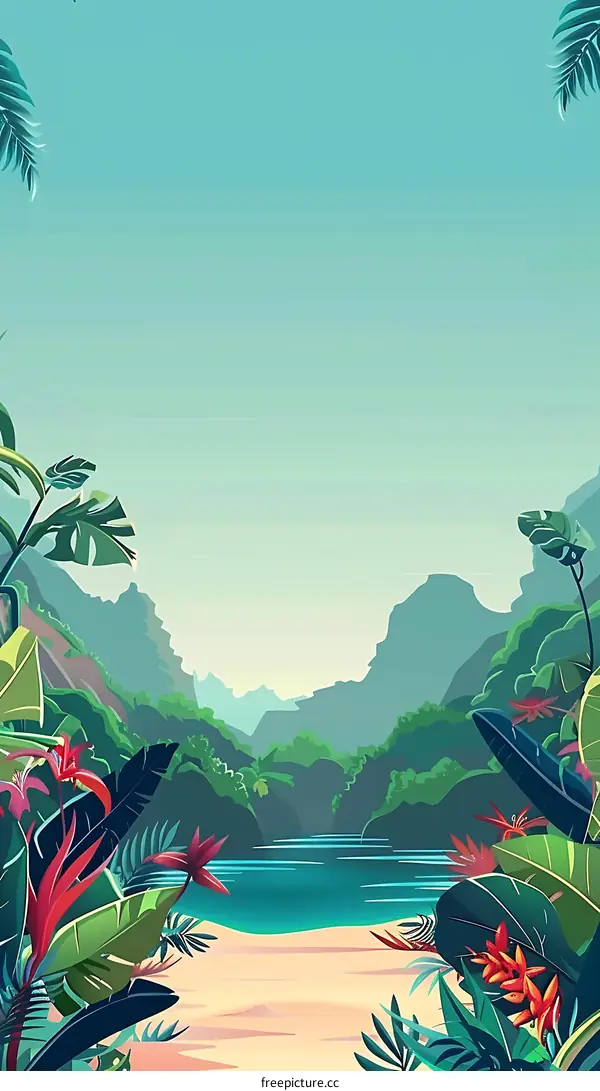 Tropical Landscape Illustration with Green Palm Leaves and Blue Water