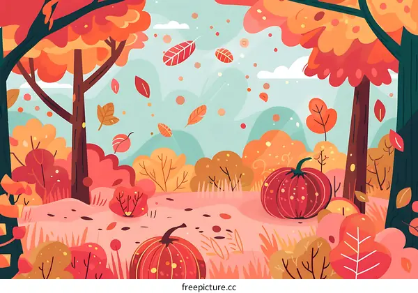 Autumn Forest Illustration With Pumpkins