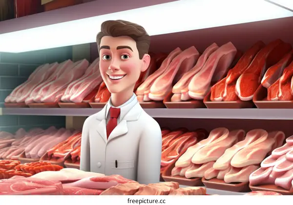 A butcher standing in front of a meat counter