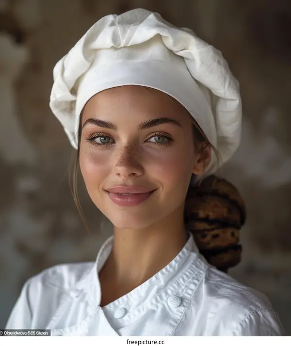 Portrait of a young female chef smiling in the kitchen