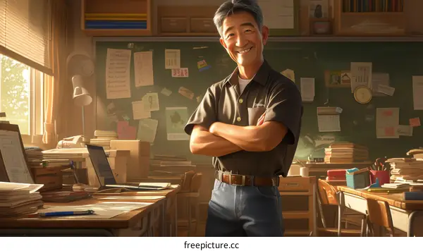 Asian male teacher standing in a classroom