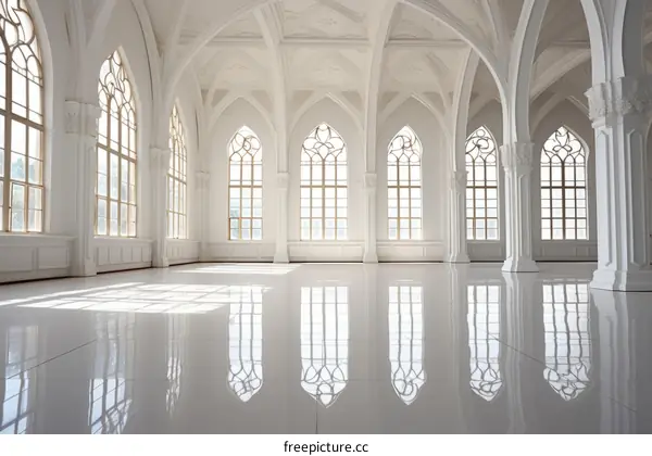 Large bright empty hall with shiny floor and big windows