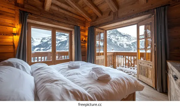 Alpine Cabin Bedroom with Snowy Mountain View