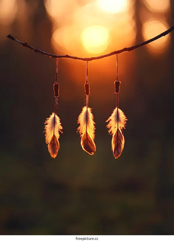 Three Feathers Hanging From a Branch at Sunset