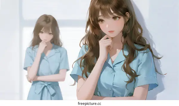 Two Young Women Wearing Light Blue Blouses Standing in a Bright Room