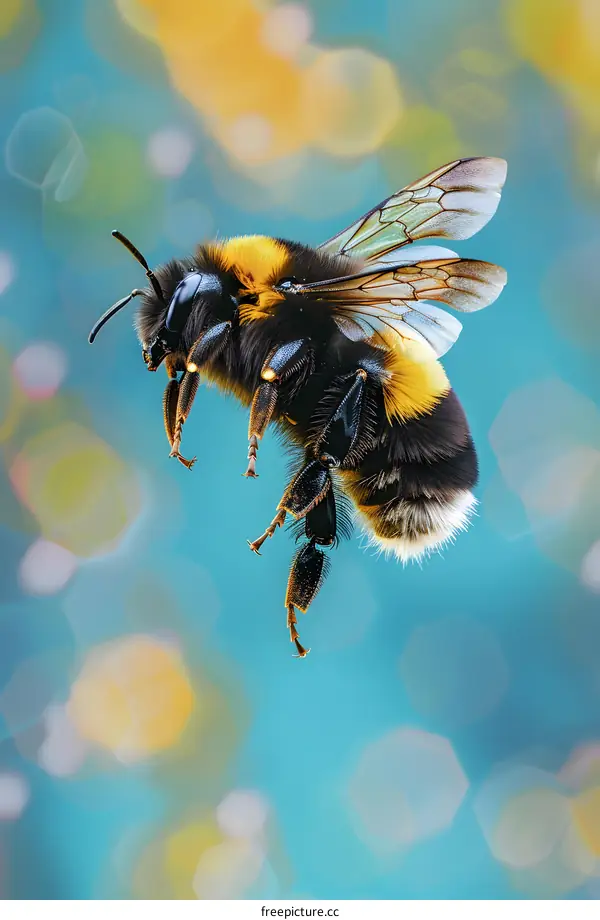 A bee hovers in mid-air with its wings outstretched