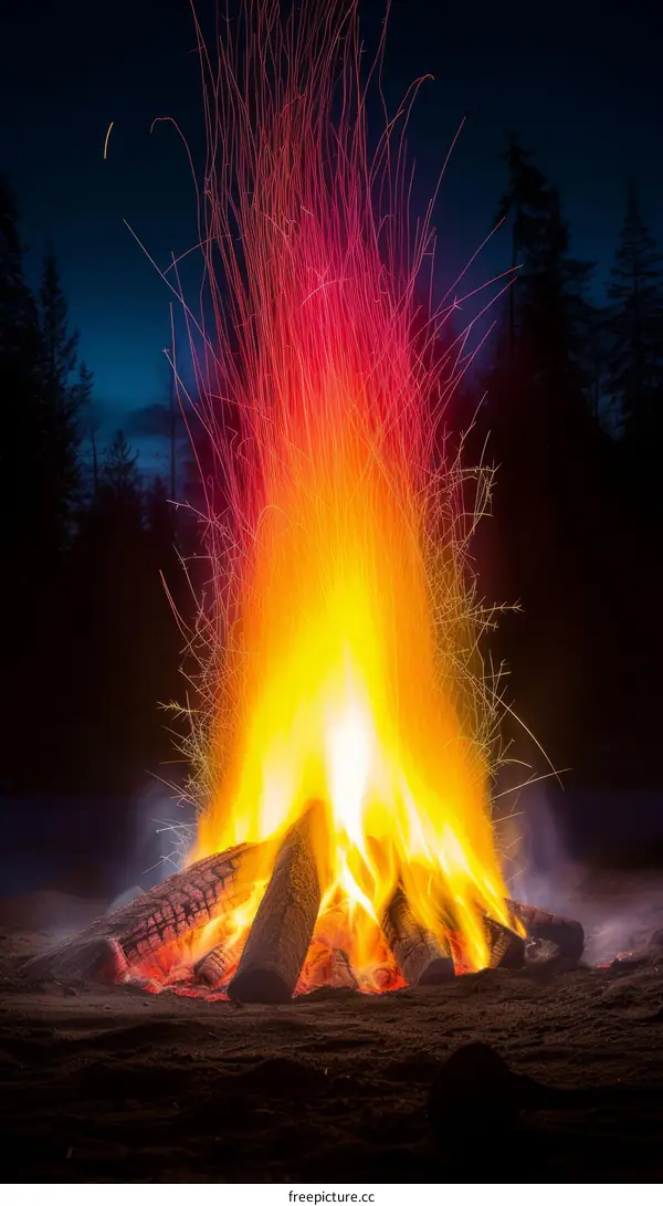 A bright bonfire burns in a forest at night, sparks flying upwards