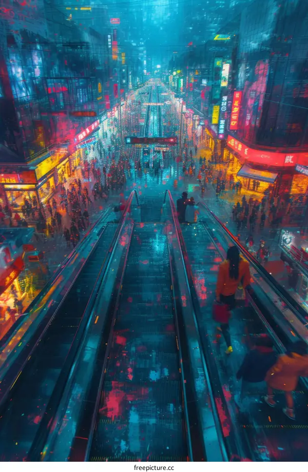 futuristic city street with people walking on a rainy day