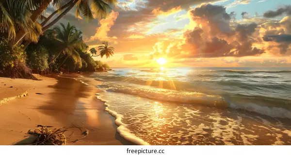 The setting sun shines on the beach with palm trees