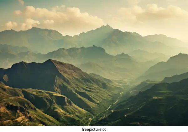 High Mountain Range with Green Valley and Misty Peaks at Sunset