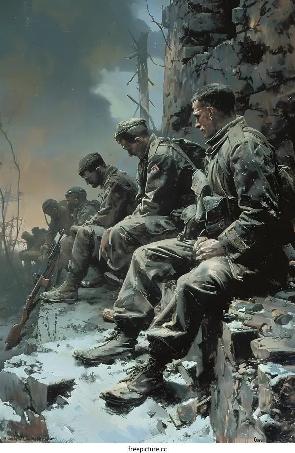 A group of soldiers sit on a snowy hillside during World War II