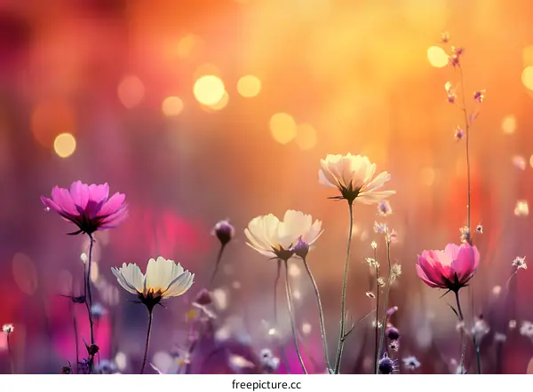 Soft Light on Colorful Flowers in Field