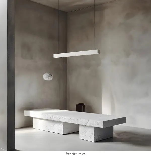 Minimalist Concrete Interior Design with Stone Bench and Pendant Lights