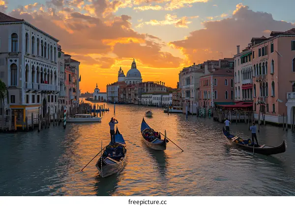 Sunset Over Venice Grand Canal With Gondolas