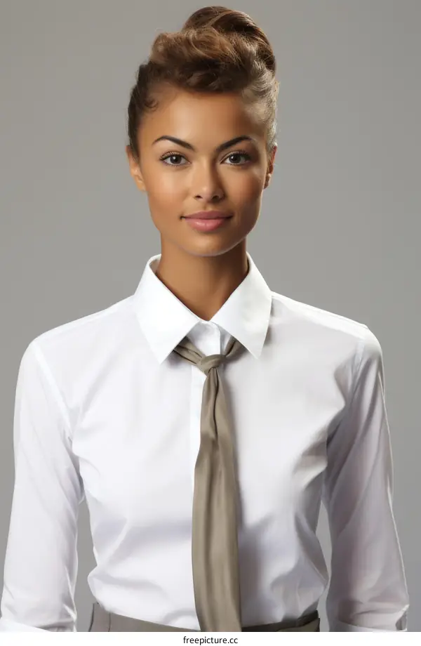 Headshot of a young woman wearing a white shirt and tie