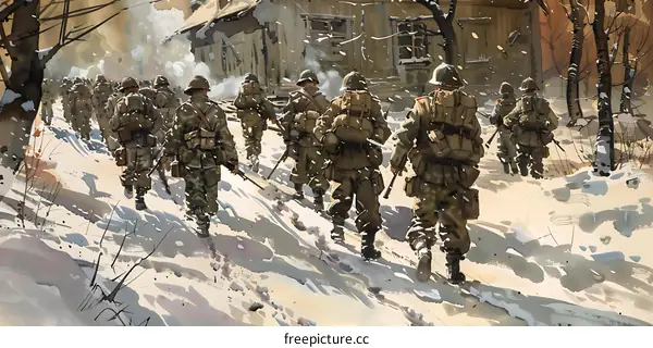 A group of soldiers trudging through the snow in the winter