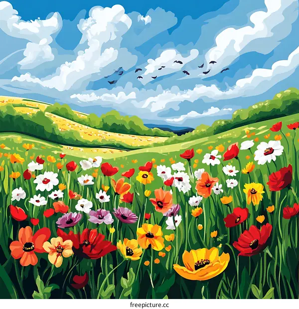 Colorful Flowers Meadow Landscape Painting