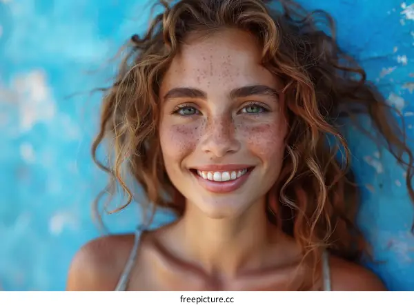 Smiling Woman with Freckles in Front of a Blue Wall