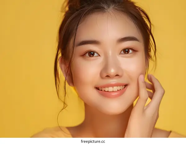Portrait of a Smiling Asian Woman with a Yellow Background