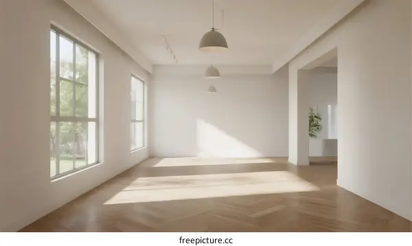 Bright and spacious empty room with large windows and wooden floor