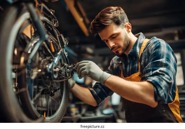 Professional Mechanic Repairing a Bicycle in Workshop
