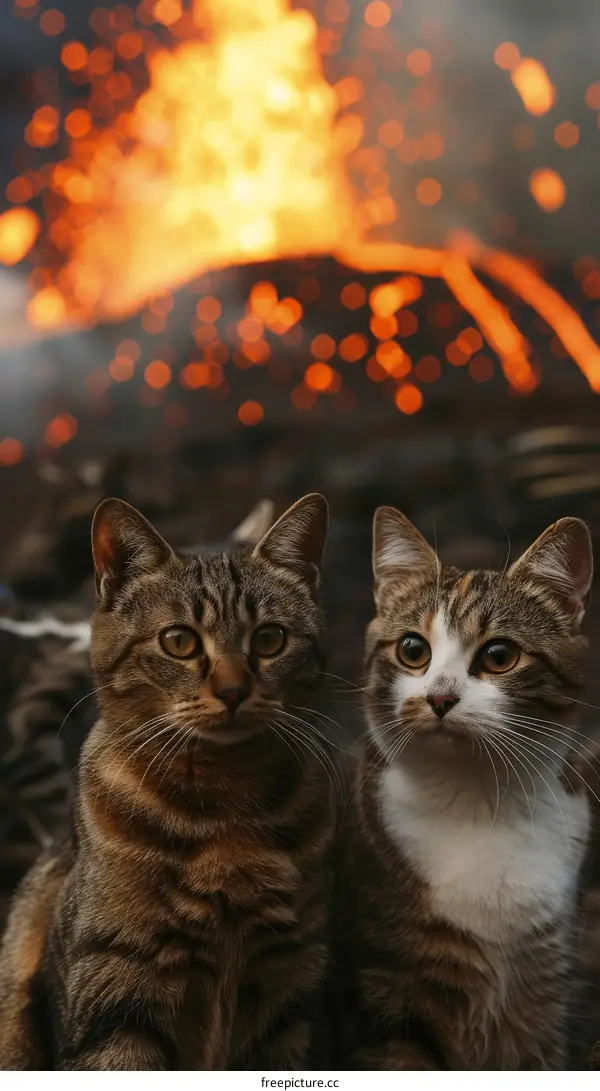 Two cats staring at a volcanic eruption