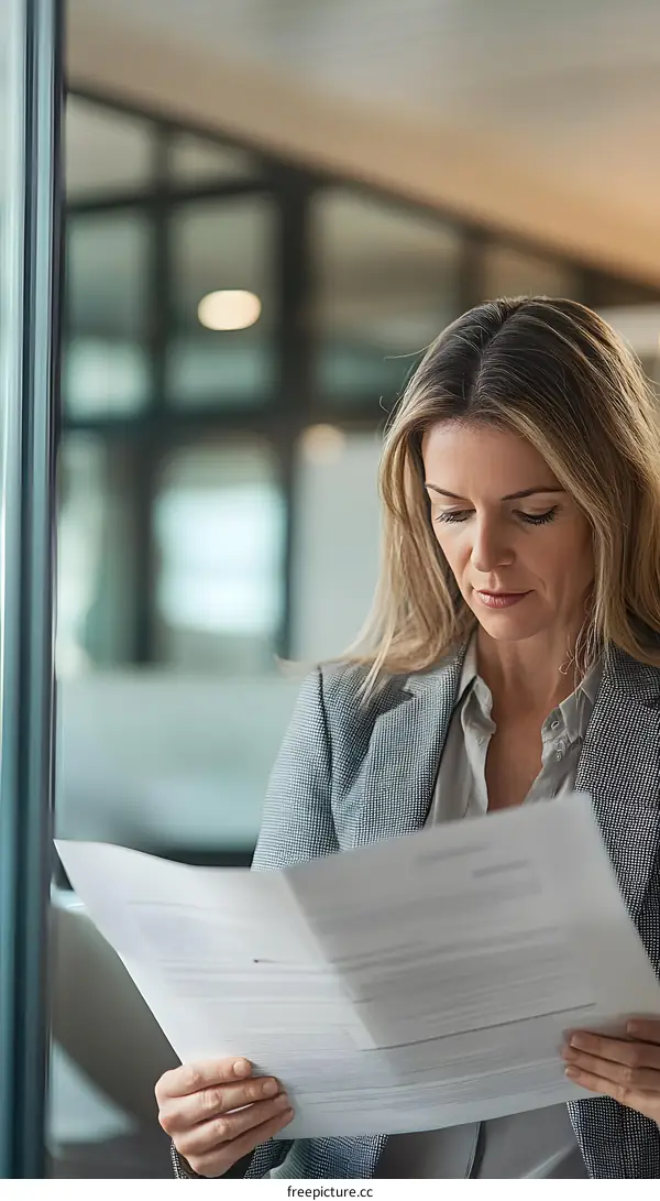 Businesswoman Reading Paperwork in Office