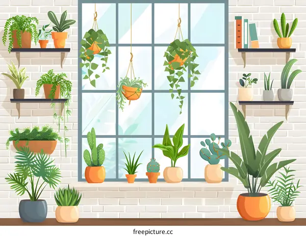Indoor Plants with Brick Wall and Window