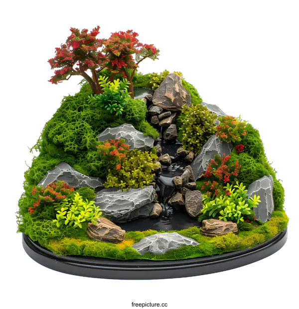 [Transparent Background PNG]Miniature Mountain Landscape with Waterfall and Moss