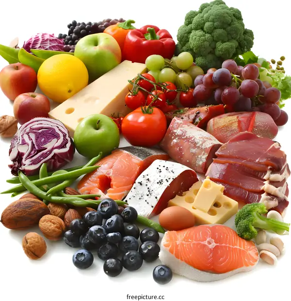 Healthy Foods Collection with Salmon, Vegetables, Fruits and Nuts