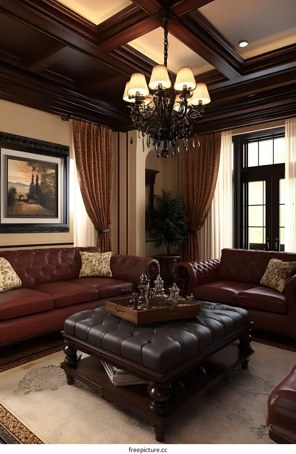 Luxury Living Room Interior Design with  Dark Wood Trim