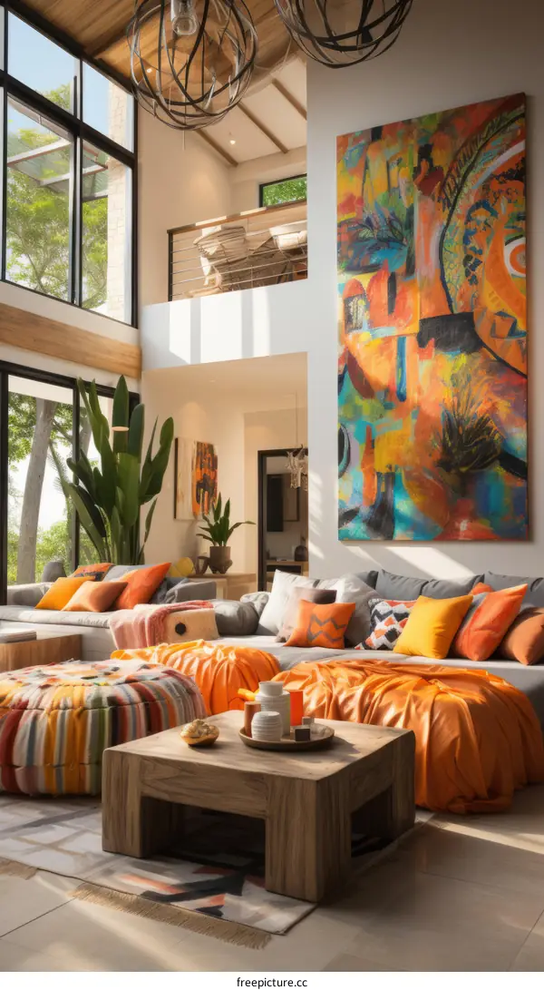 A Modern Living Room With Abstract Painting