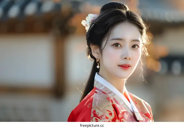 Portrait of a young woman in traditional Korean dress, or Hanbok