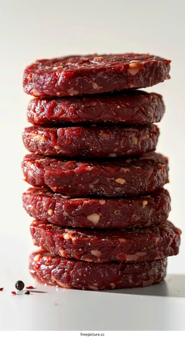 A stack of raw bison burgers