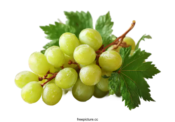[Transparent Background PNG]Fresh Green Grapes with Leaves Close-up