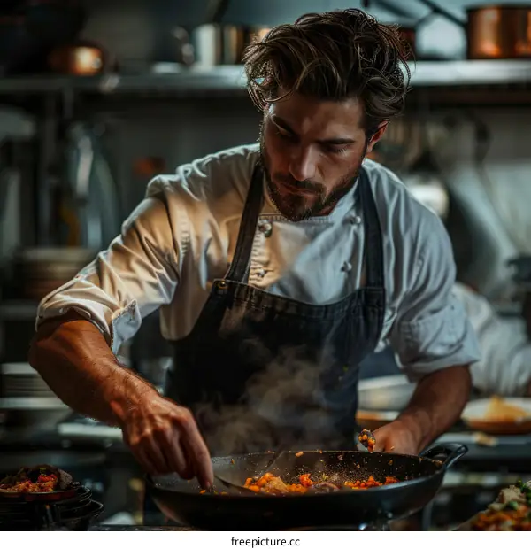Focused male chef cooking in a restaurant kitchen