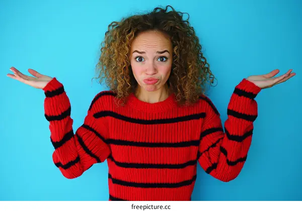 Woman in Red and Black Striped Sweater Gesturing Doubt