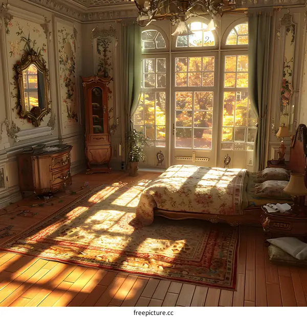 Elegant Bedroom with Floral Decor and Sunlight Streaming through French Doors