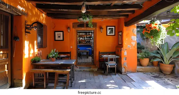 An inviting outdoor seating area with bright orange walls and colorful potted plants