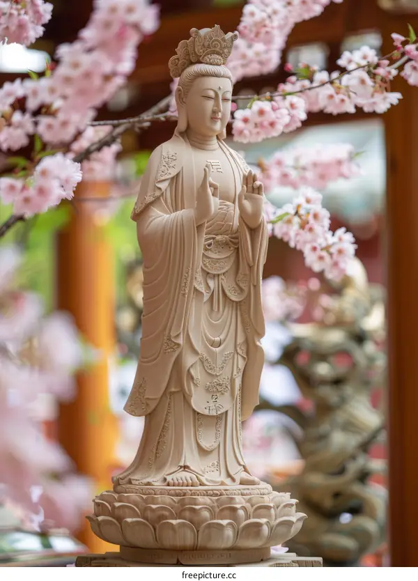 A wooden statue of Avalokiteshvara, the bodhisattva of compassion, stands in front of a cherry blossom tree.