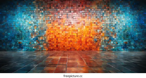 Pixelated Mosaic Wall and Floor Tiles in Blue and Orange