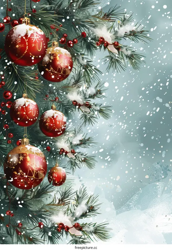 Christmas ornaments hanging on a snowy tree branch