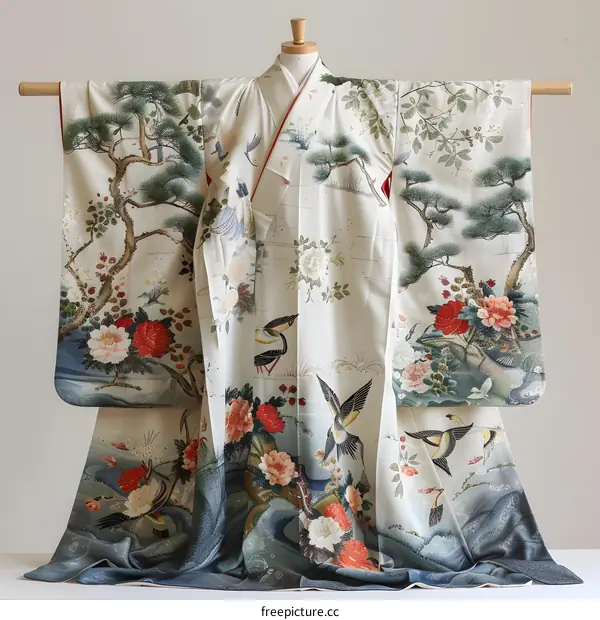 Japanese Traditional Kimono with Floral and Bird Patterns