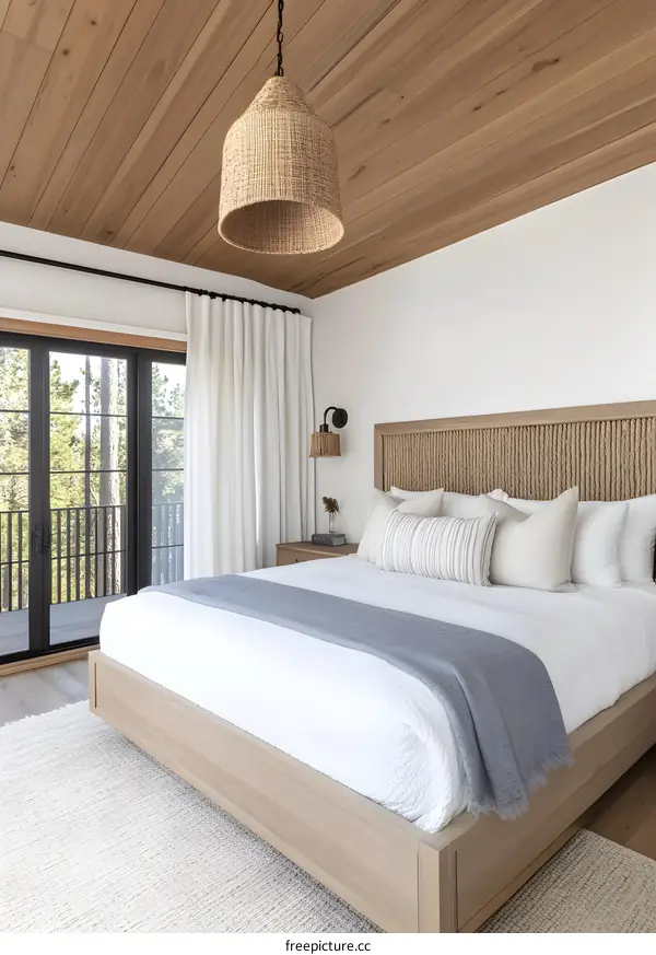 Modern Bedroom Interior Design with White Bedding and a Natural Wood Ceiling