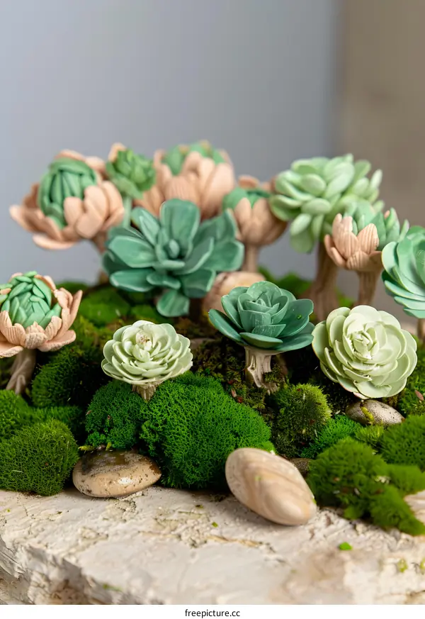Artificial Succulents Arrangement With Moss On Wooden Base