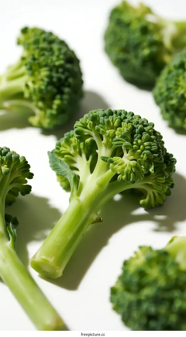 Fresh Broccoli Florets Arranged on White Background