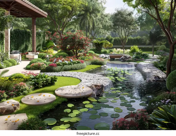 Tranquil Garden Oasis with Waterfall and Stepping Stones