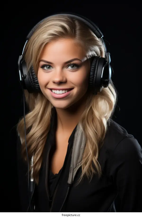 portrait of a young blonde woman smiling with headphones
