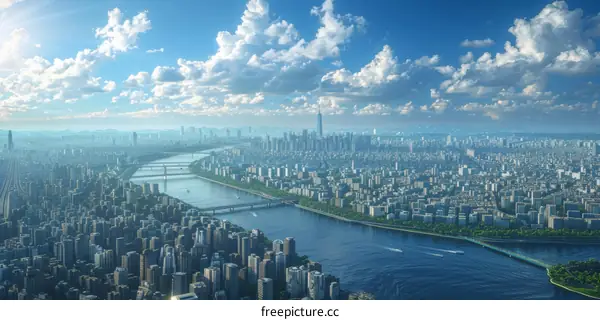 A Metropolis by the River on a Sunny Day