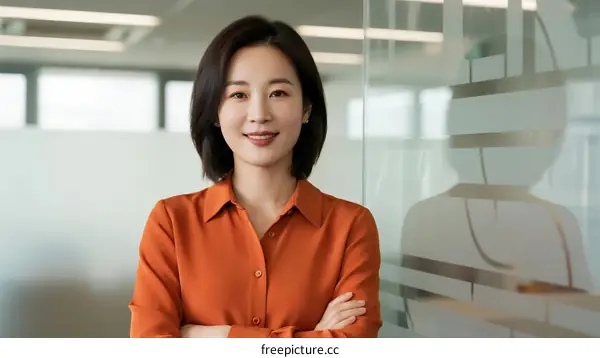 Professional business woman standing with arms crossed in modern office